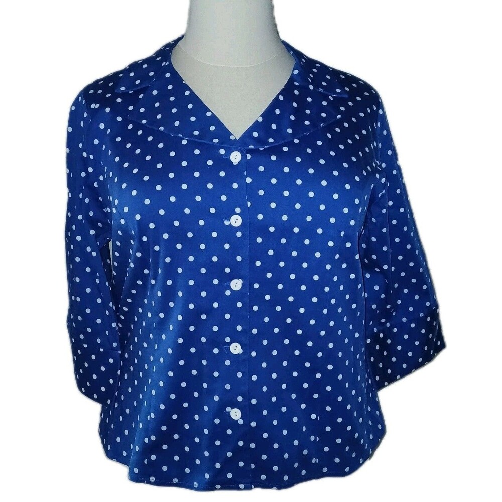 PENDLETON PLUS Womens 1X Polka Dots Button Up 3/4 Sleeve Stretch Top Blue White